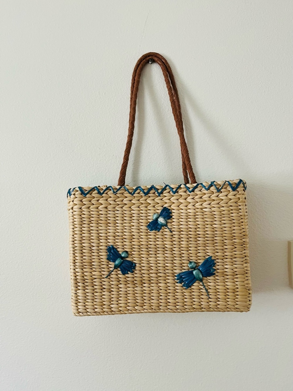 Woven Straw Tote with Teal Dragonfly Accents 11/16 inches